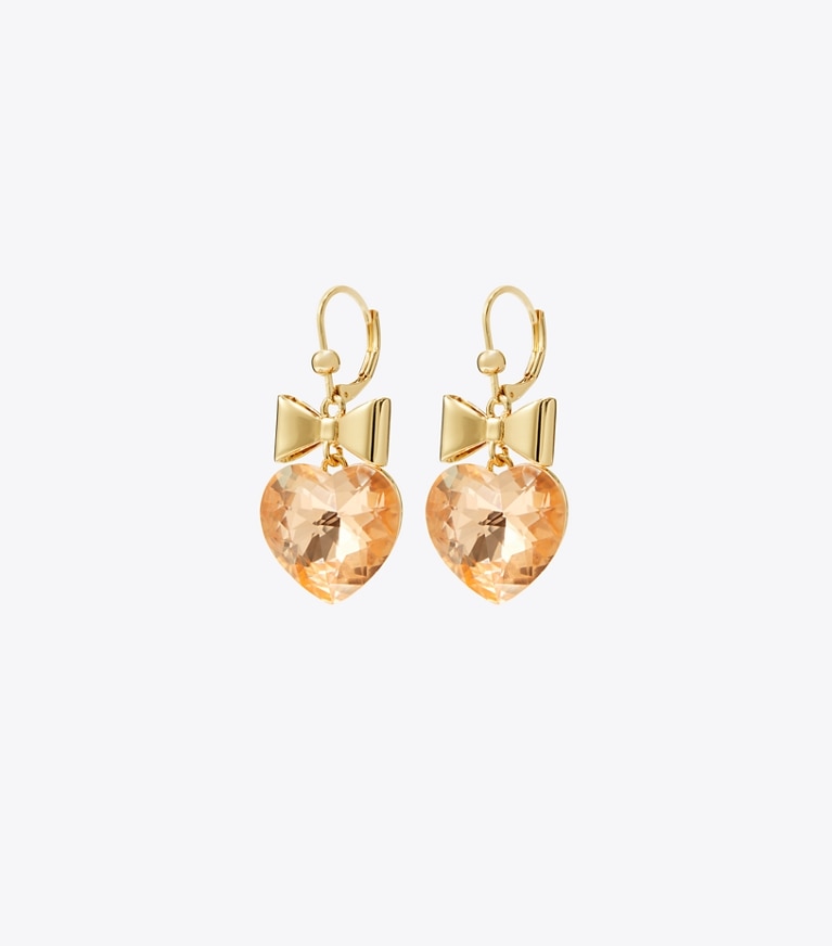 Tory Burch designer earrings Curiosity Heart and Bow Earrings in Tory Gold / Papaya Pink front