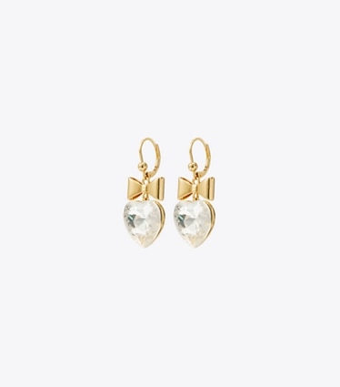 Tory Burch designer earrings Curiosity Heart and Bow Earrings in Tory Gold / Crystal front