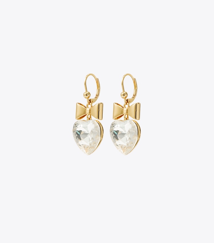 Tory Burch designer earrings Curiosity Heart and Bow Earrings in Tory Gold / Crystal front