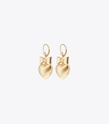 Tory Burch designer earrings Curiosity Heart and Bow Earrings in Tory Gold front