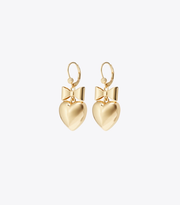 Tory Burch designer earrings Curiosity Heart and Bow Earrings in Tory Gold front