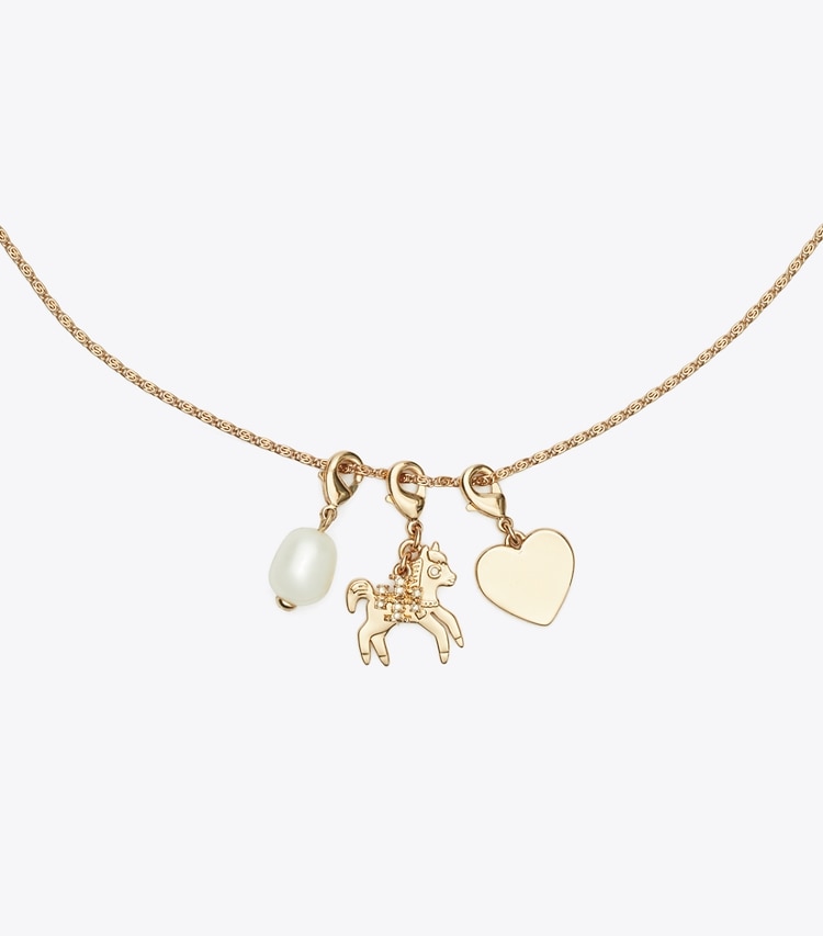 Tory Burch designer necklaces Curiosity Horse Charm Pendant in Tory Gold / Crystal / Pearl detail