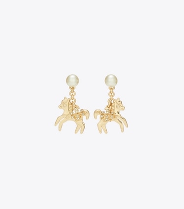 Tory Burch designer ohrringe Curiosity Horse Ohrringe mit Anhänger in Tory Gold / Pearl front