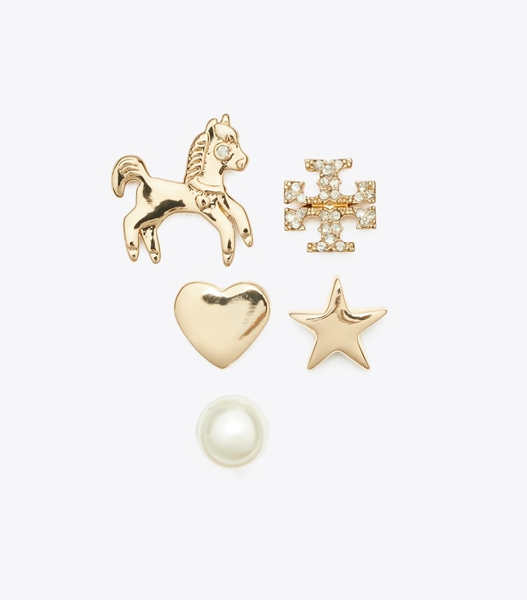 Tory Burch designer イヤリング＆ピアス キュリオシティ ホース スタッズピアスセット in Tory Gold / Crystal / Pearl front