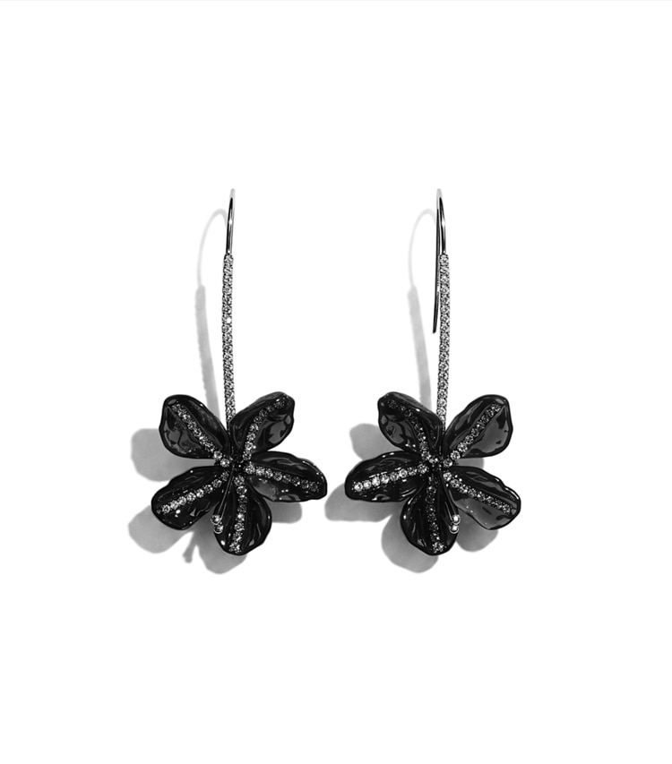 Tory Burch designer earrings Curiosity Pavé Flower Earrings in Antique Tory Silver / Black additional