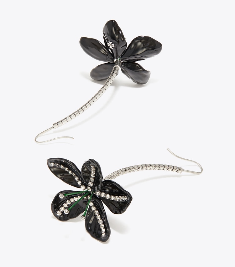 Tory Burch designer earrings Curiosity Pavé Flower Earrings in Antique Tory Silver / Black detail