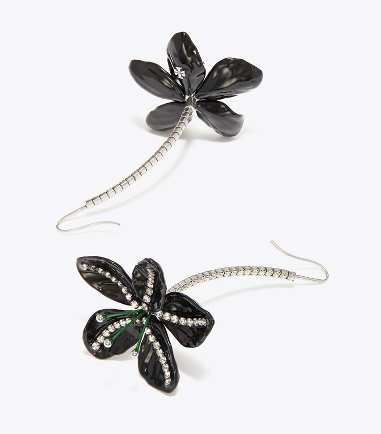 Tory Burch designer earrings Curiosity Pavé Flower Earrings in Antique Tory Silver / Black detail