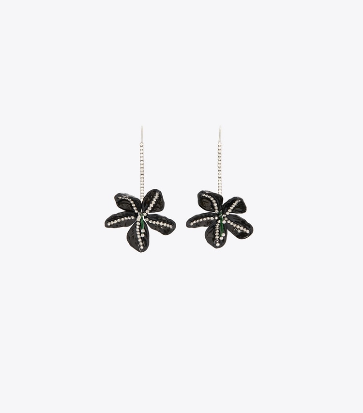 Tory Burch designer earrings Curiosity Pavé Flower Earrings in Antique Tory Silver / Black front