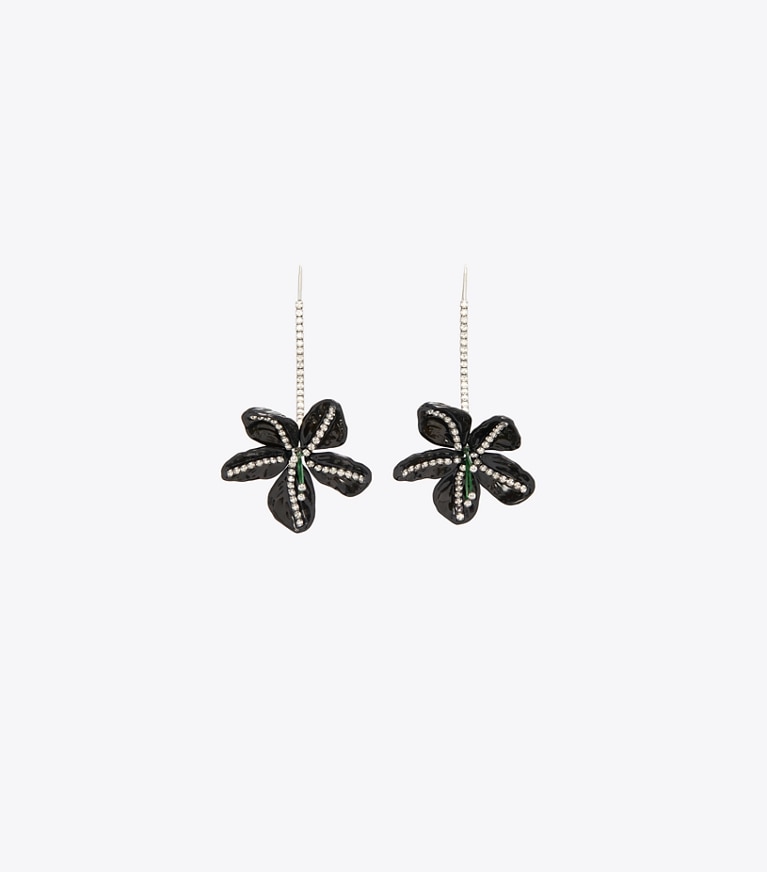 Tory Burch designer earrings Curiosity Pavé Flower Earrings in Antique Tory Silver / Black front