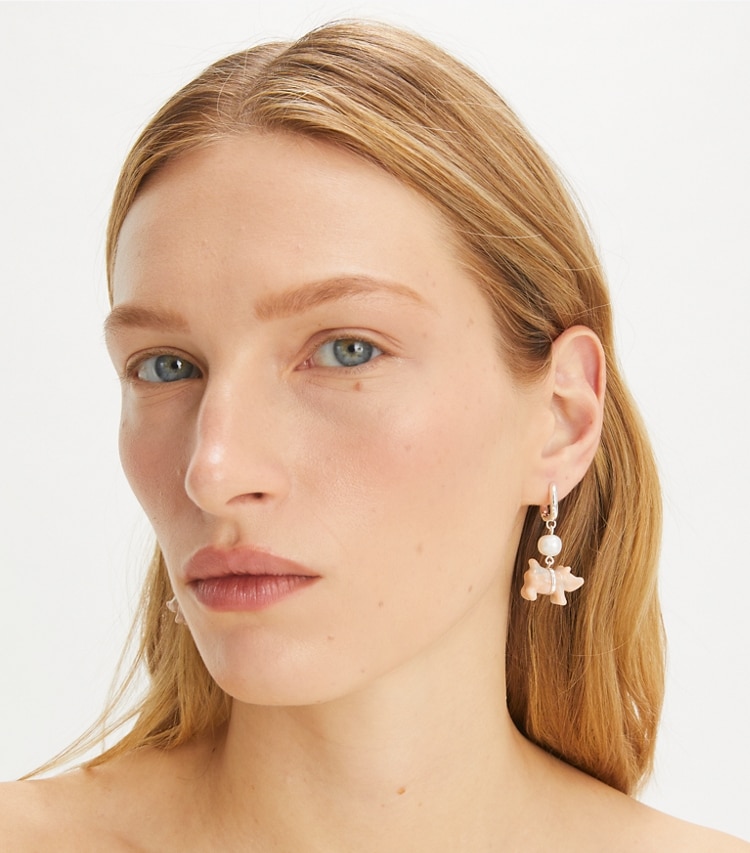 Tory Burch designer earrings Curiosity Piggie Earrings in Light Silver / Pink / Pearl accessory on model