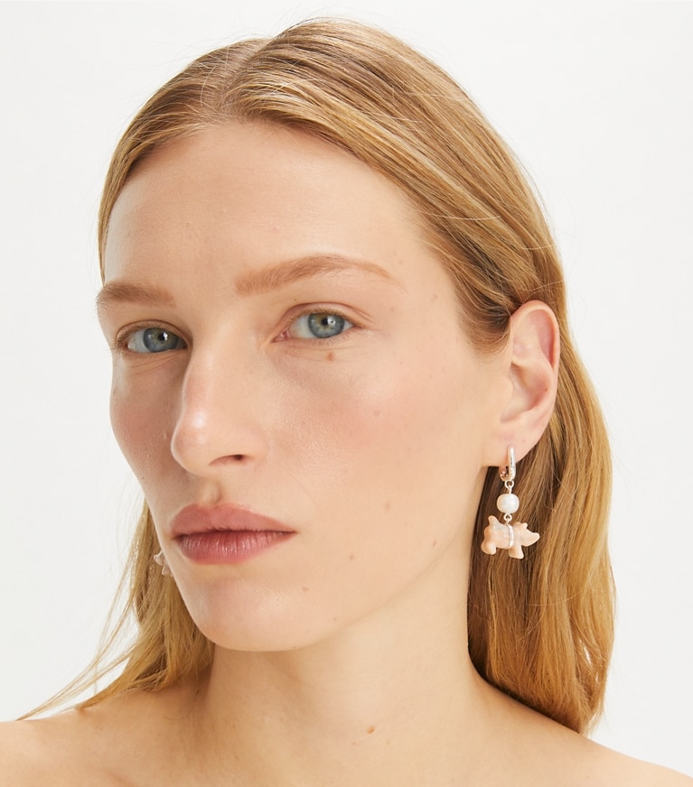 Tory Burch designer earrings Curiosity Piggie Earrings in Light Silver / Pink / Pearl front