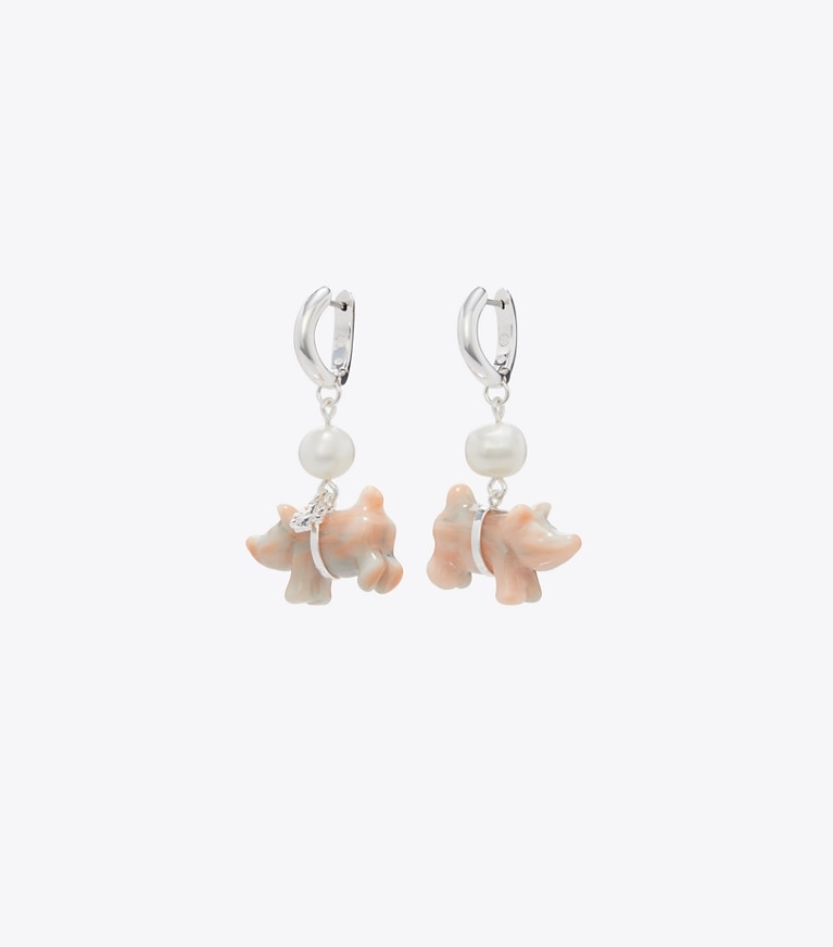 Tory Burch designer earrings Curiosity Piggie Earrings in Light Silver / Pink / Pearl front