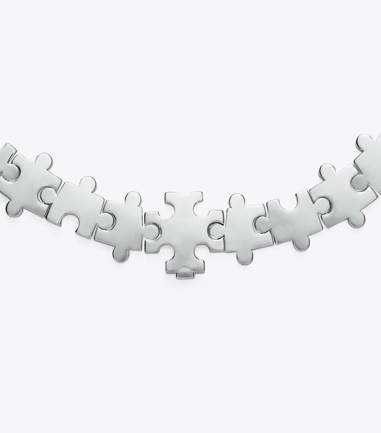 Tory Burch designer necklaces Curiosity Puzzle Piece Collar in Light Silver front
