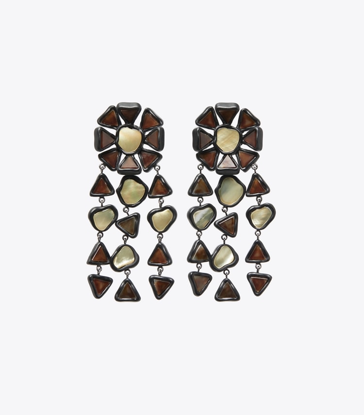 Tory Burch designer earrings Curiosity Resin Chandelier Earrings in Black front