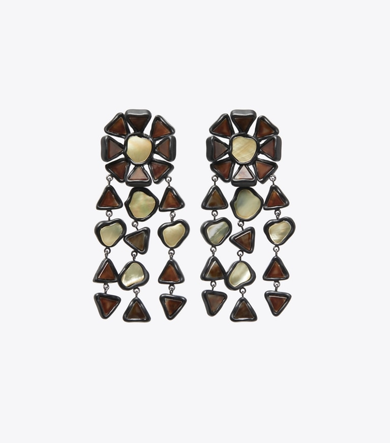 Tory Burch designer earrings Curiosity Resin Chandelier Earrings in Black front