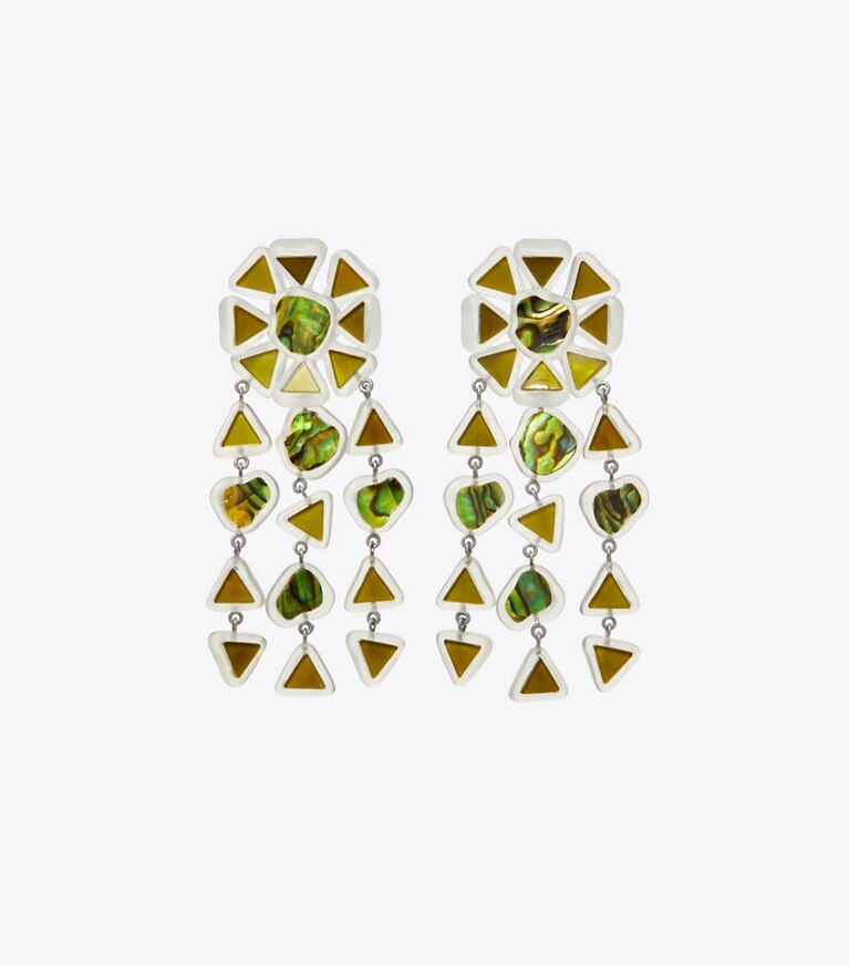 Tory Burch designer earrings Curiosity Resin Chandelier Earrings in Green front