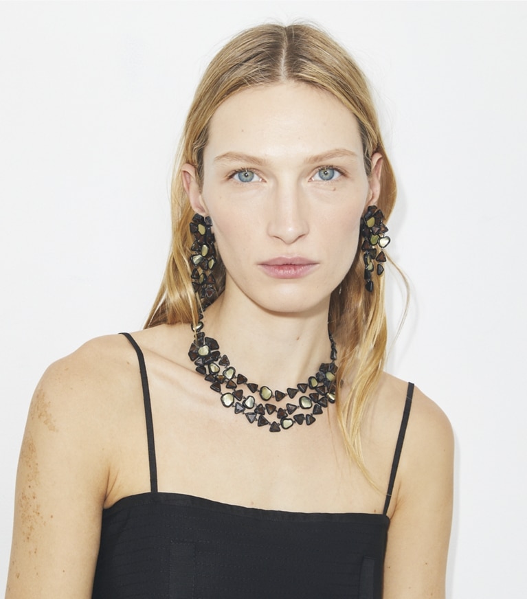 Tory Burch designer necklaces Curiosity Resin Triple Strand Necklace in Black front