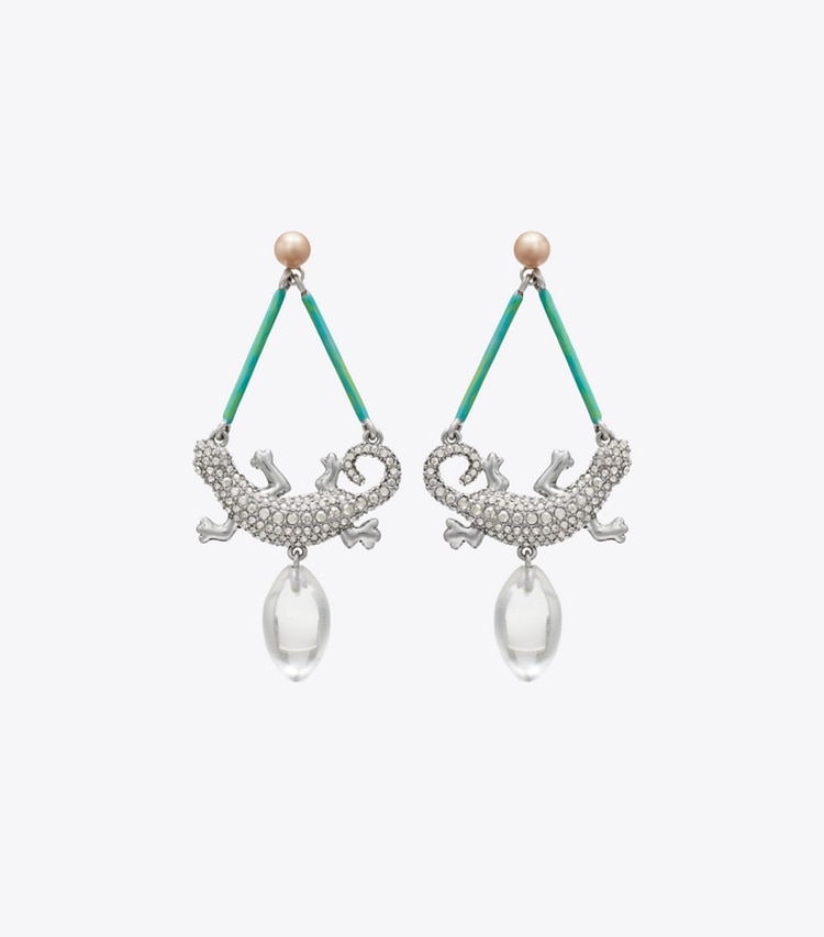 Tory Burch designer earrings Curiosity Salamander Earrings in Antique Silver / Crystal front