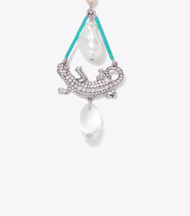 Tory Burch designer necklaces Curiosity Salamander Necklace in Antique Silver / Green / Crystal detail
