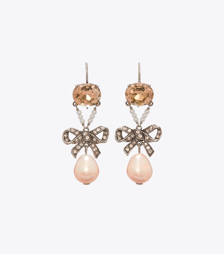 Tory Burch designer ohrringe Curiosity Schleifenohrringe in Antique Silver / Crystal / Pink front