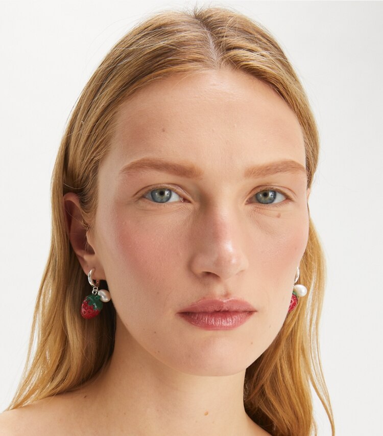 Tory Burch designer earrings Curiosity Strawberry Earrings in Light Silver / Red / Pearl accessory on model