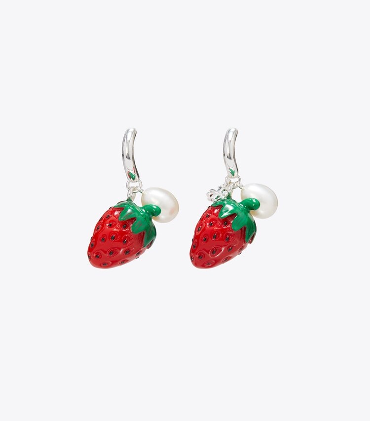 Tory Burch designer earrings Curiosity Strawberry Earrings in Light Silver / Red / Pearl detail