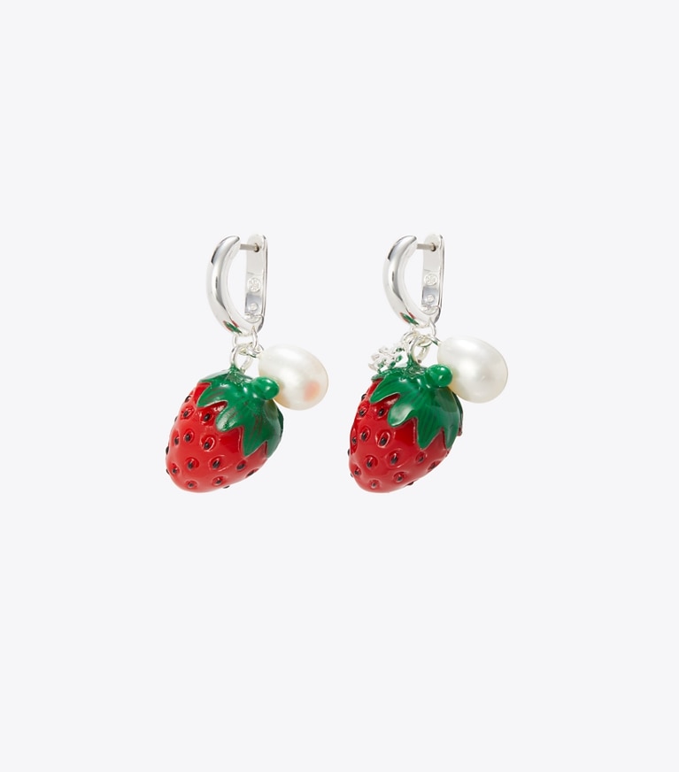 Tory Burch designer earrings Curiosity Strawberry Earrings in Light Silver / Red / Pearl front