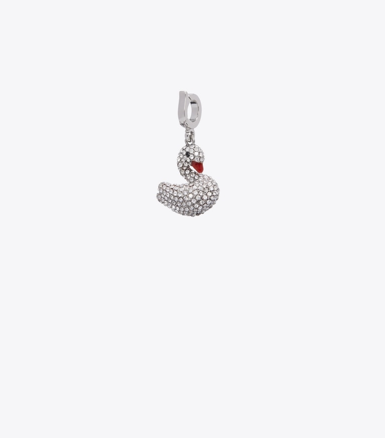 Tory Burch designer hair pins Curiosity Swan Charm in Tory Silver / Crystal front