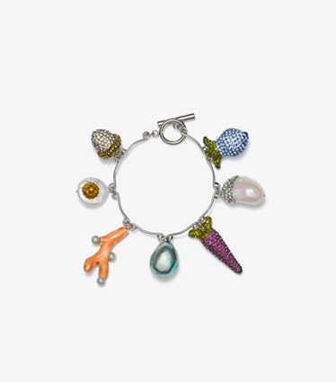 Tory Burch designer bracelets Curiosity Vegetable-Charm Bracelet in Tory Silver / Multi front
