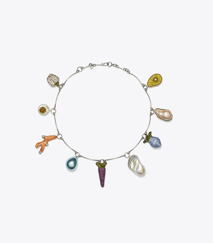 Tory Burch designer necklaces Curiosity Vegetable Necklace in Tory Silver / Multi front
