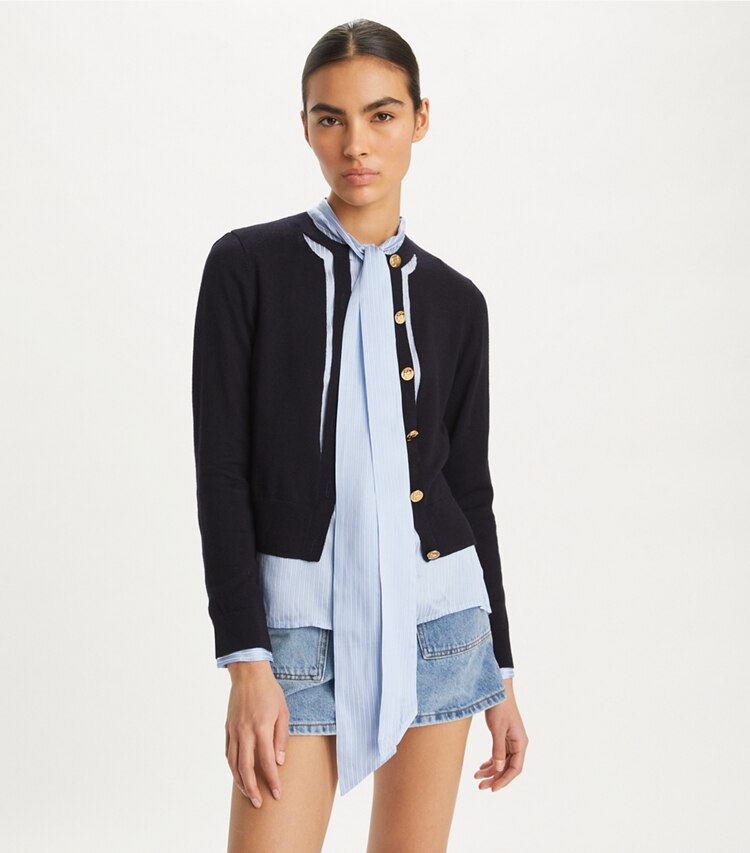 Tory Burch designer sweaters Cut-Out Cardigan in Med Navy on model detail