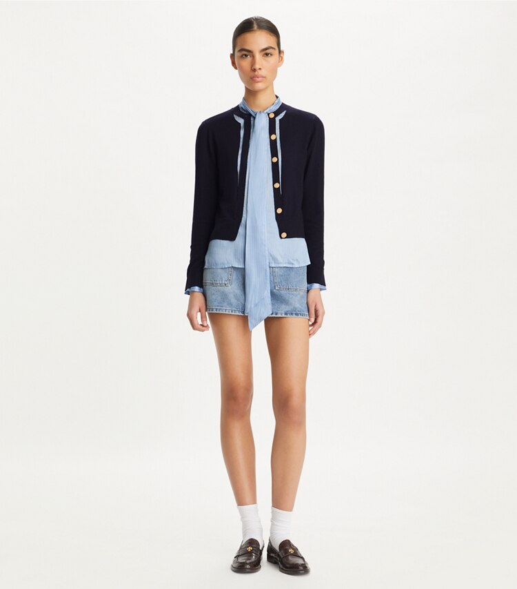 Tory Burch designer sweaters Cut-Out Cardigan in Med Navy on model front