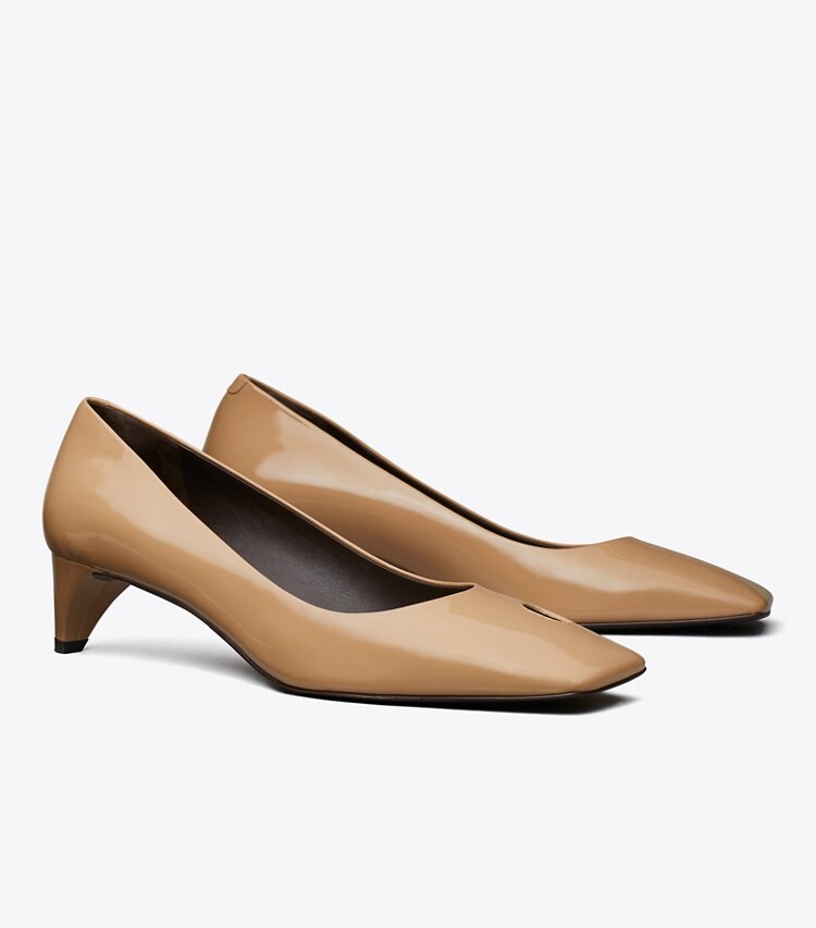 Tory Burch designer heels Cut-Out Kitten Heel Pump in ALMOND SHELL angle