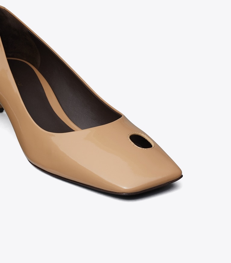 Tory Burch designer heels Cut-Out Kitten Heel Pump in ALMOND SHELL angle