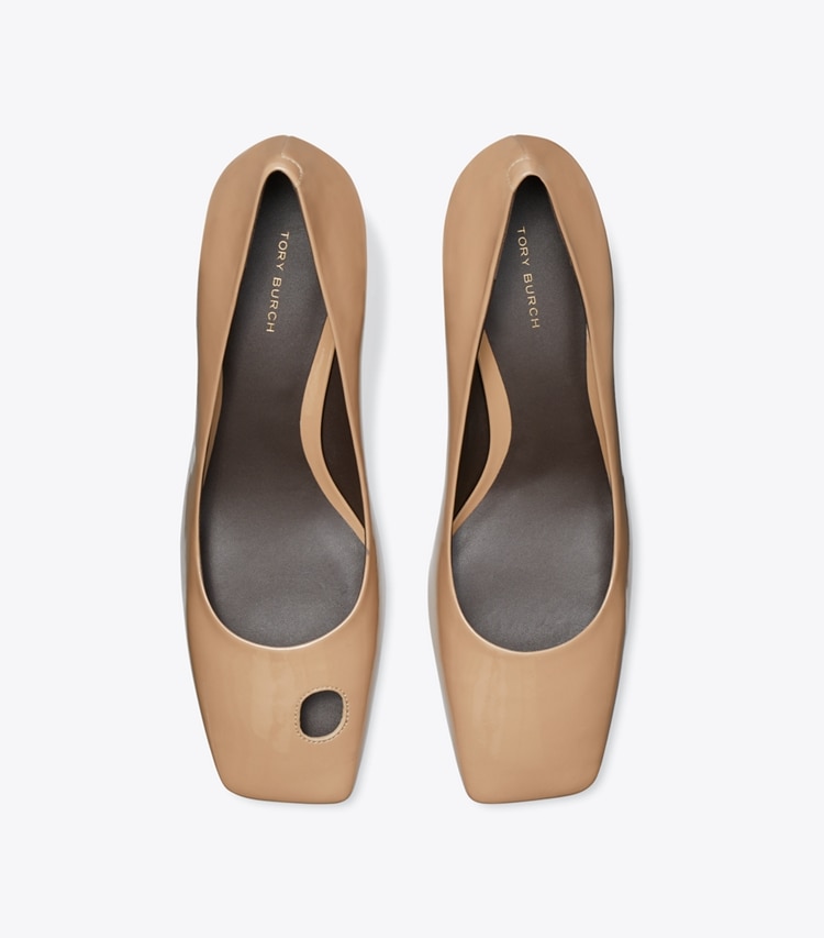 Tory Burch designer heels Cut-Out Kitten Heel Pump in ALMOND SHELL overhead