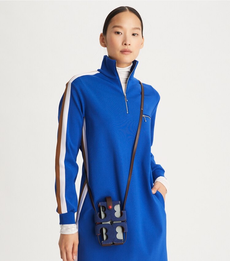 Tory Burch designer mini bags Cut Out Logo Felt Phone Crossbody in Bright Indigo accessory on model