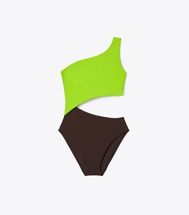 Tory Burch designer one pieces Cut-Out Swimsuit in Deep Chocolate / Vivid Lime front