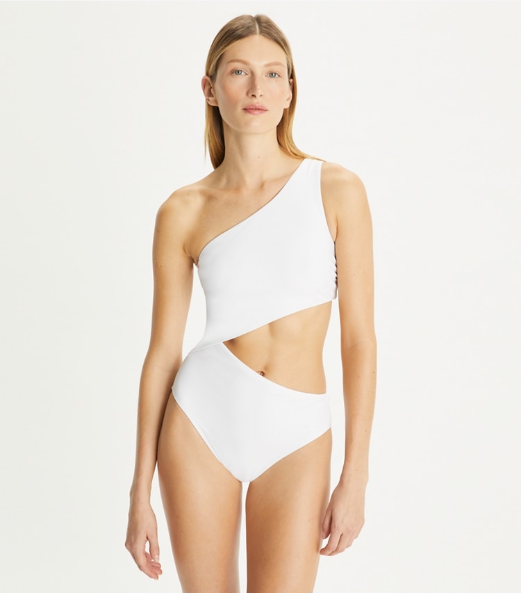 Tory Burch designer one pieces Cut-Out Swimsuit in White on model detail