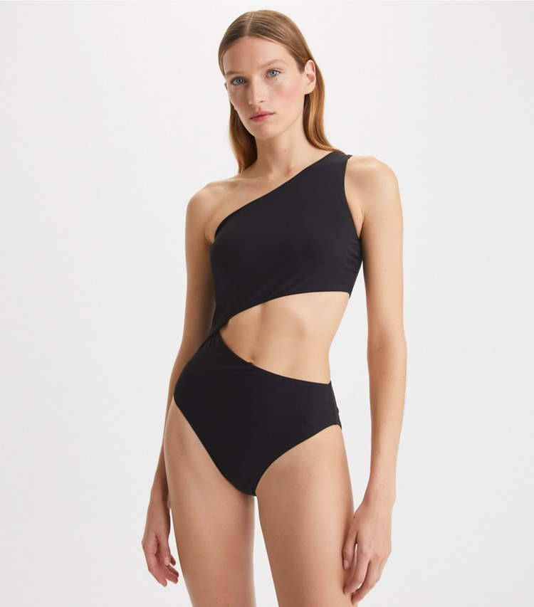 Tory Burch designer une pièce Cut-Out Swimsuit in Black on model detail
