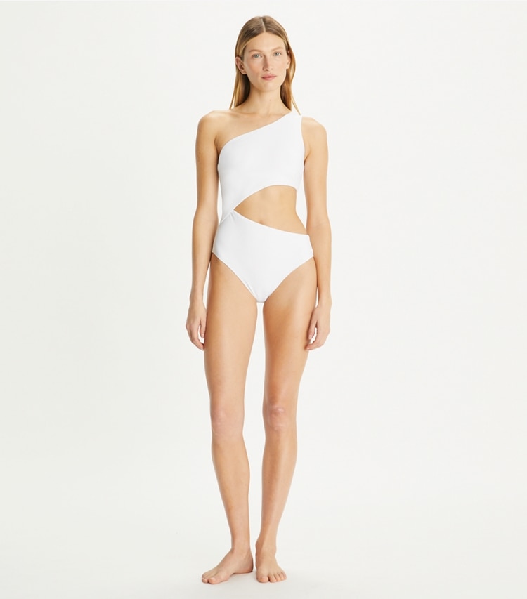 Tory Burch designer one pieces Cut-Out Swimsuit in White on model front