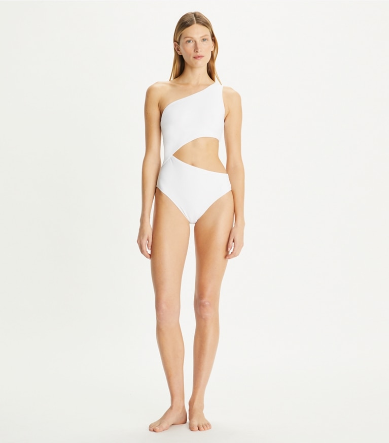 Tory Burch designer one pieces Cut-Out Swimsuit in White on model front