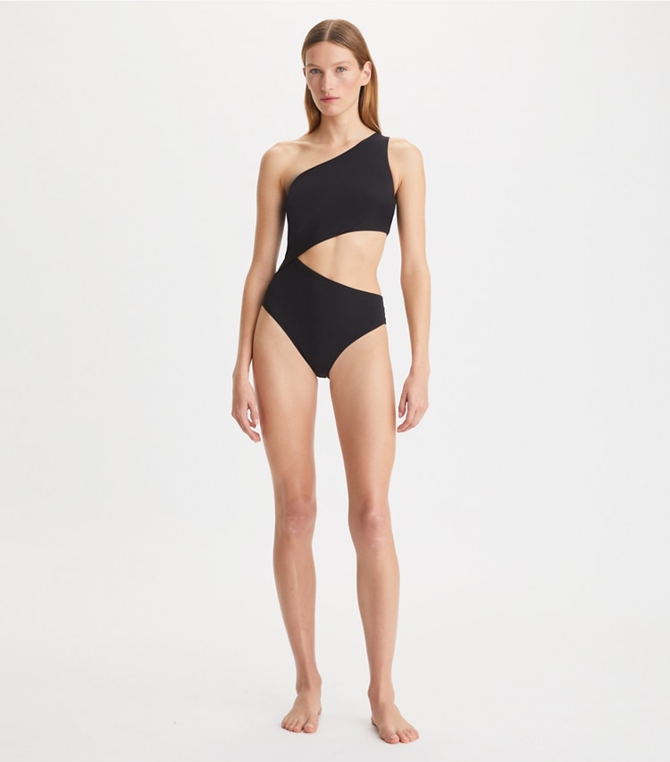 Tory Burch designer une pièce Cut-Out Swimsuit in Black sur mannequin, devant