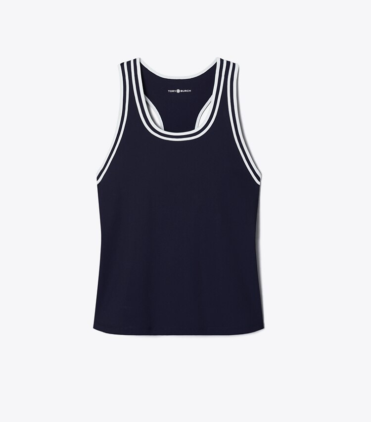 Tory Sport designer hauts Débardeur de tennis à bandes contrastantes in Deep Navy / Snow White front