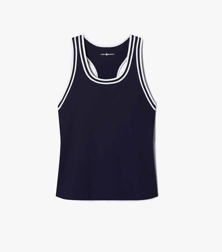 Tory Sport designer hauts Débardeur de tennis à bandes contrastantes in Deep Navy / Snow White front