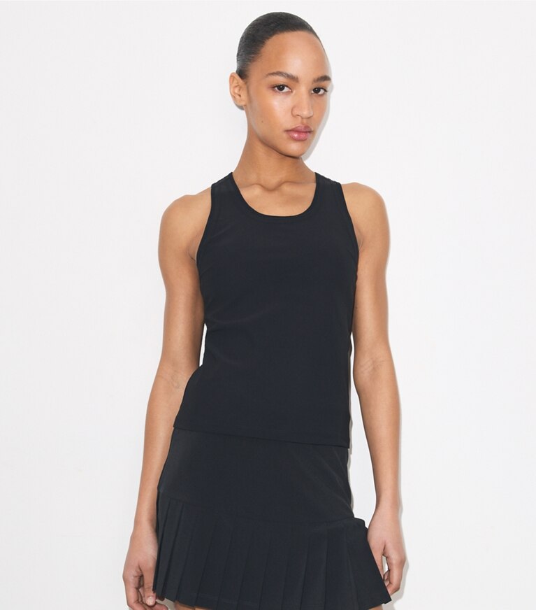 Tory Burch designer hauts Débardeur de tennis dos nageur en jersey technique dans Black détail sur modèle