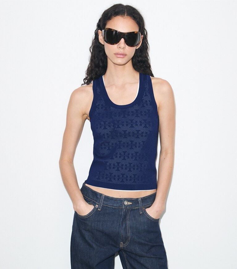 Tory Burch designer sweaters Débardeur en viscose à point pointelle dans Ocean détail sur modèle