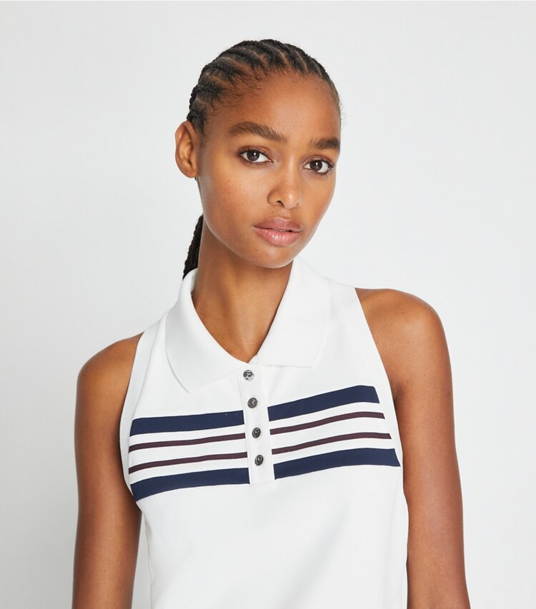 Tory Sport designer hauts Débardeur polo en piqué technique in Snow White / Tory Navy / Winetasting on model detail