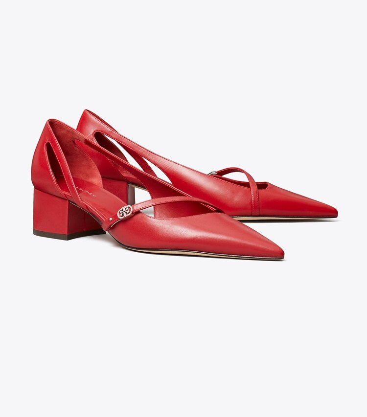 Tory Burch designer scarpe con tacco Décolleté D’Orsay con fibbia con doppia T in TORY RED angle