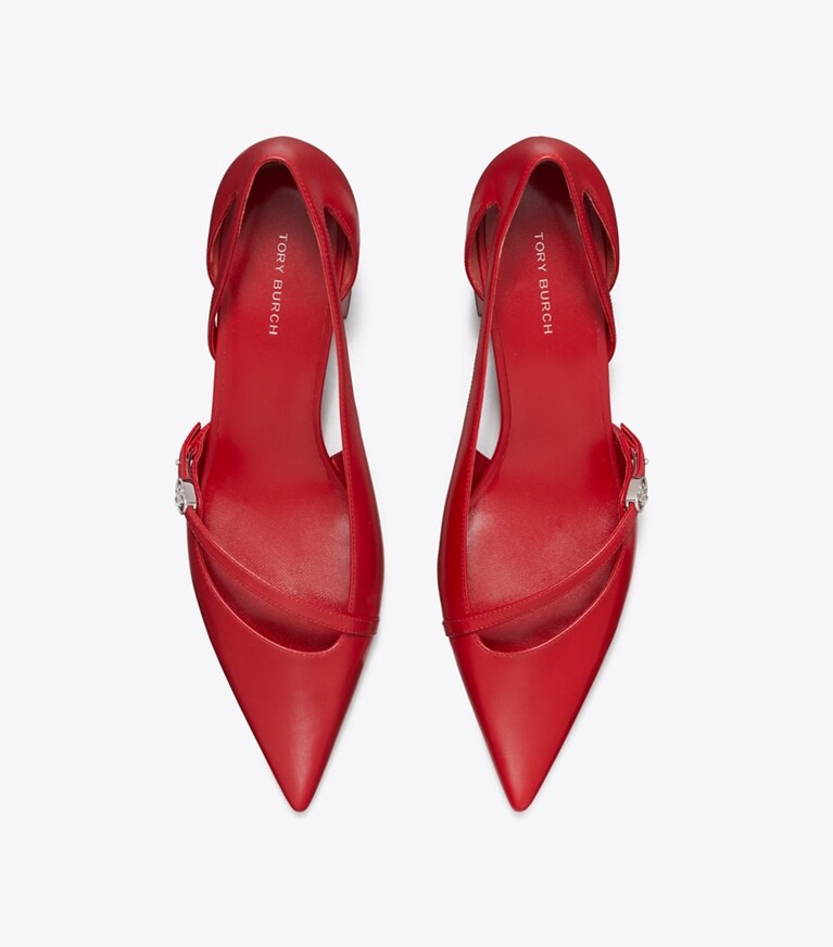Tory Burch designer scarpe con tacco Décolleté D’Orsay con fibbia con doppia T in TORY RED superiore