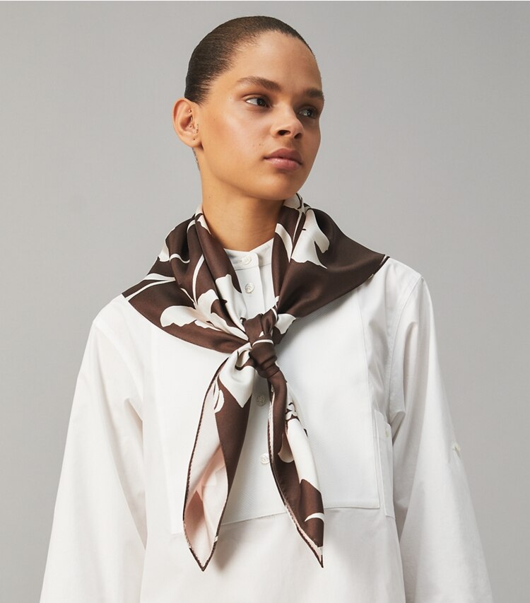 Tory Burch designer scarves Daisy Double-Sided Silk Square Scarf in Daisy / Summer Pink accessory on model